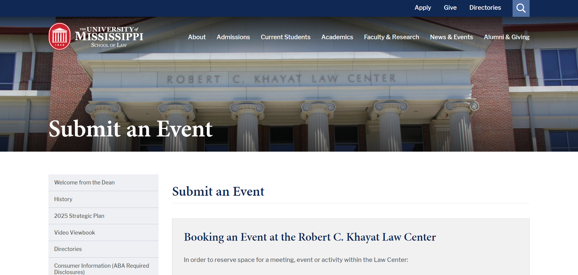 Pagina di invio di un evento dell'Università del Mississippi